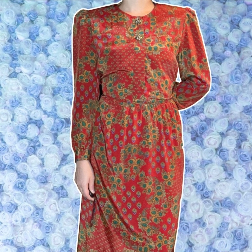 USA Vintage Lady Carol Dress 80s Floral Long Sleeved Red Shoulder Pads 8 Petite